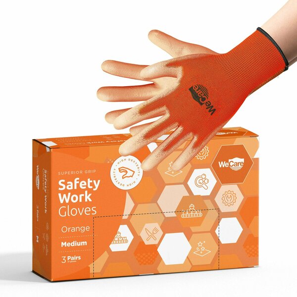 Wecare Safety Work Gloves PU Coated, Superior Grip Medium, 3-Pair, Orange, 3PK WMN100225